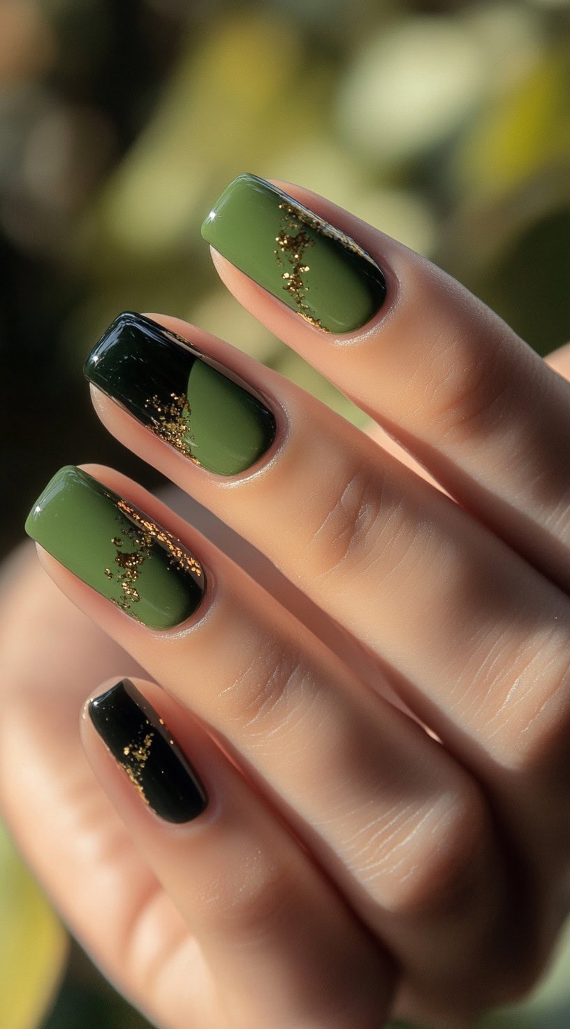 Square nails with a gradient of dark to light matcha green, detailed with flecks of gold foil at the center.