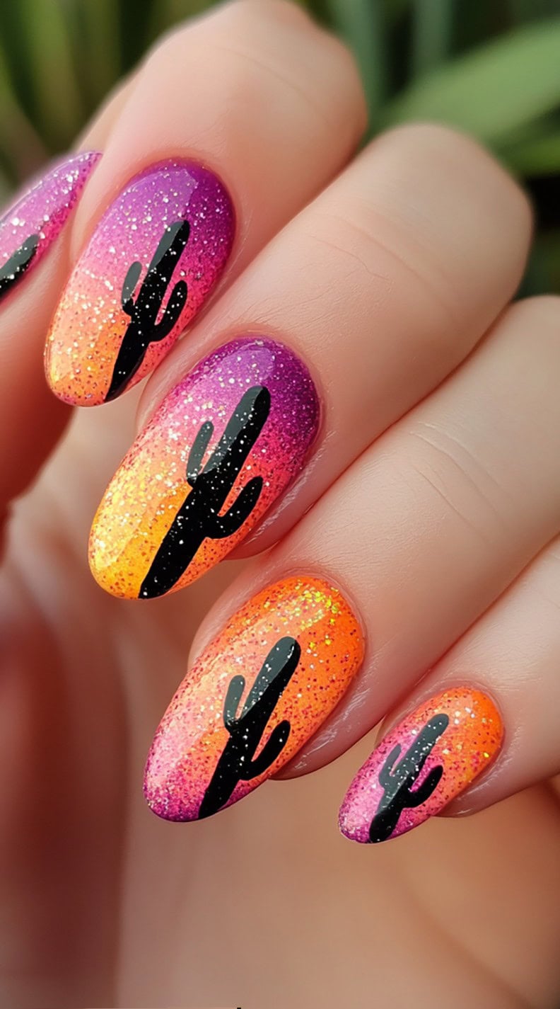 Almond-shaped nails featuring a sunset gradient in orange, pink, and purple with black cactus silhouettes over a glittery base.