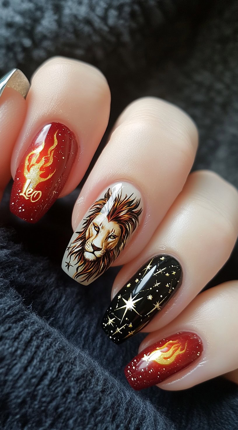 Nails with red and black designs including flames, constellations, and a realistic lion face art.
