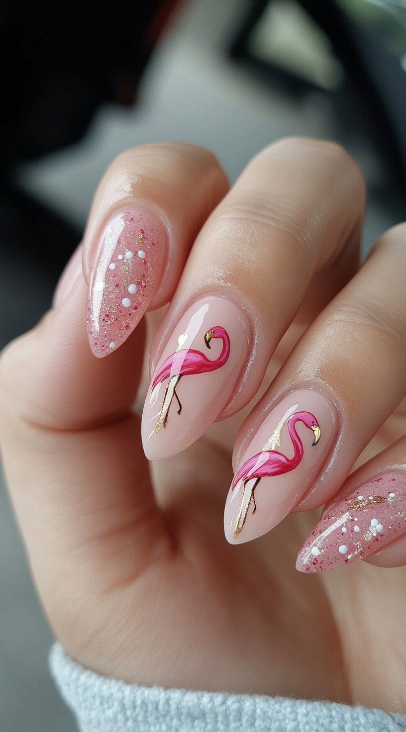 Almond-shaped nails with a soft pink base featuring elegant flamingo designs and gold accents, sprinkled with white glitter.