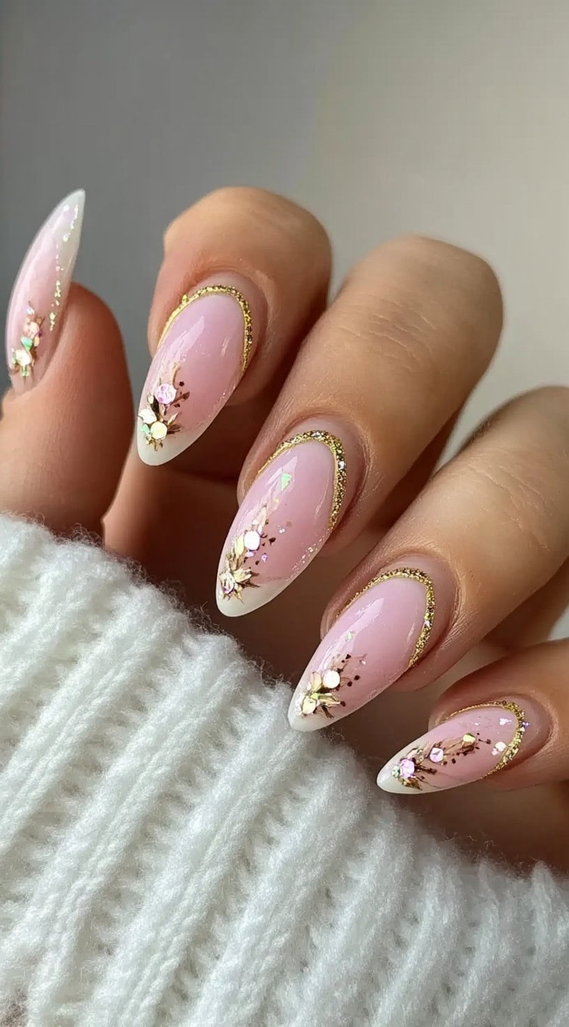 Almond-shaped French nails with floral gold embellishments and glitter accents.