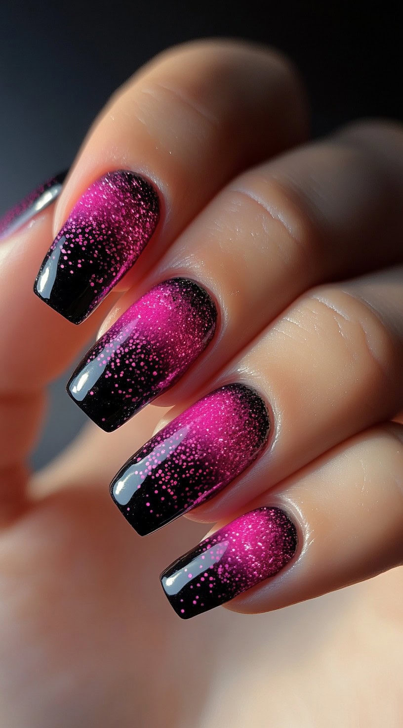 Hand showing long square nails that blend hot pink glitter into glossy black polish with a smooth ombre transition.