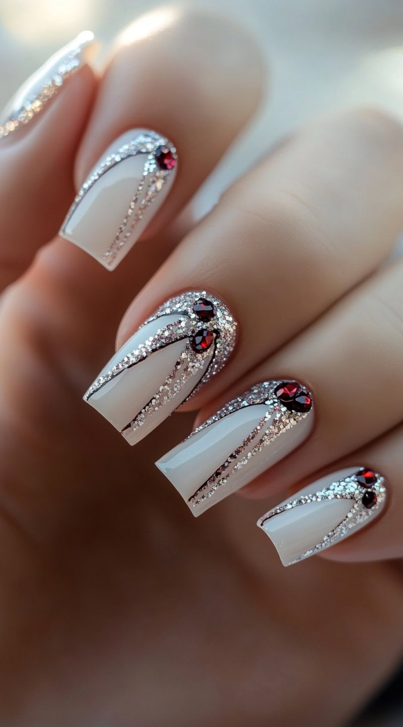 A hand with square white nails decorated with silver glitter accents and red rhinestones near the cuticles.
