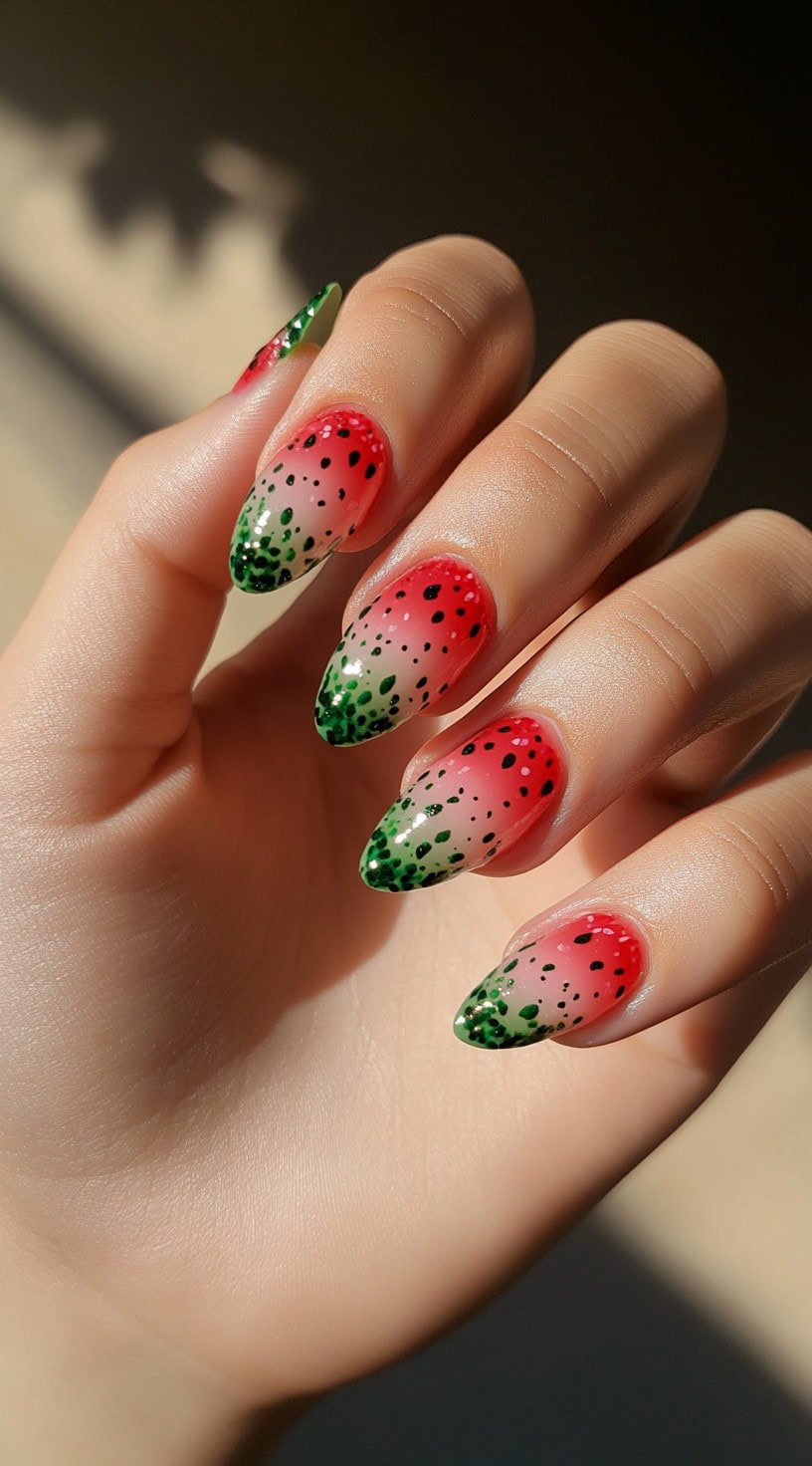 Almond nails with a bold red-to-green ombre, scattered with black and green glitter resembling watermelon seeds and rind.