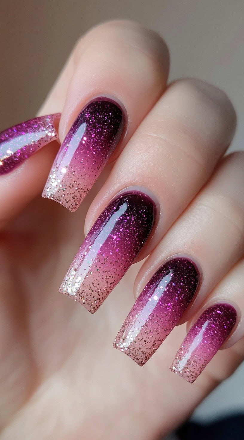 Long square nails featuring a pink-to-plum ombre drenched in fine glitter for an ultra-sparkly finish.