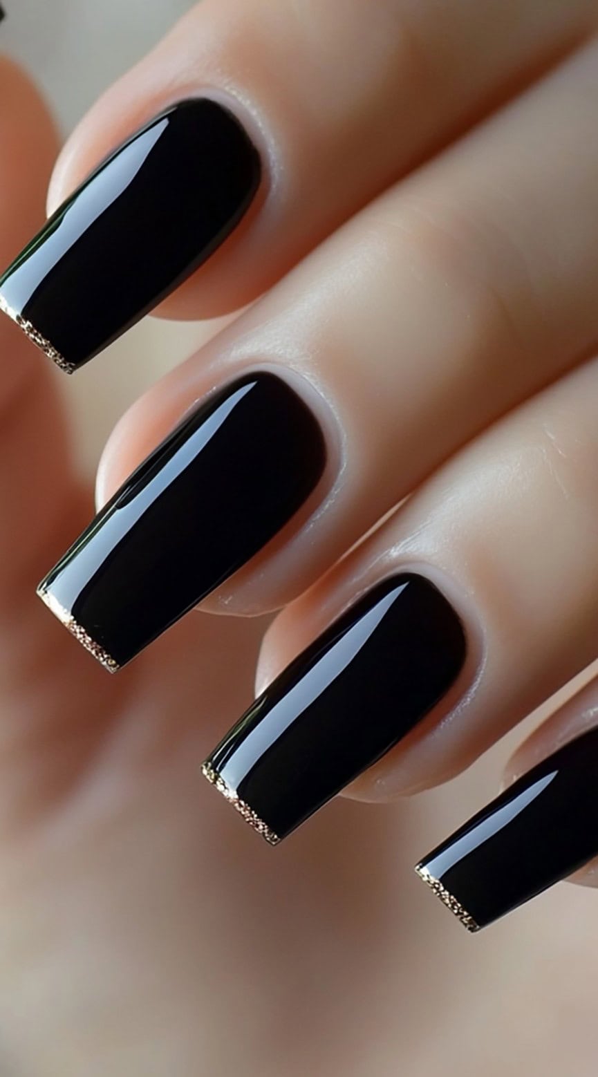 A set of long, square-shaped nails featuring a deep glossy black base with delicate metallic micro French tips for a luxurious touch.