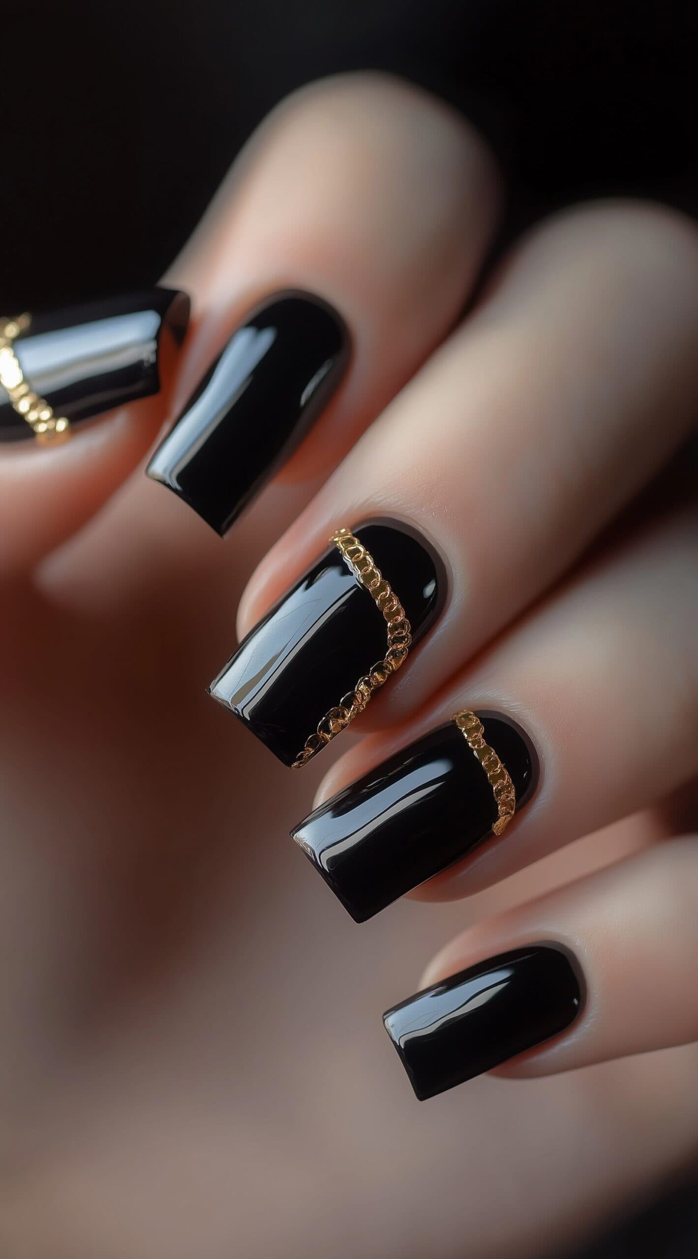 A set of square-shaped black nails with a glossy finish, adorned with gold chain embellishments for an opulent touch.