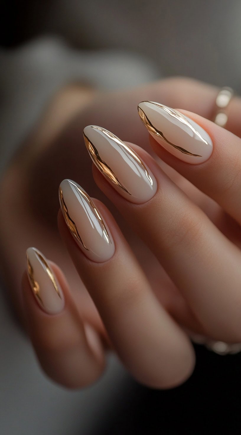 A hand with almond-shaped nude nails featuring sleek gold chrome streaks down the center of each nail.