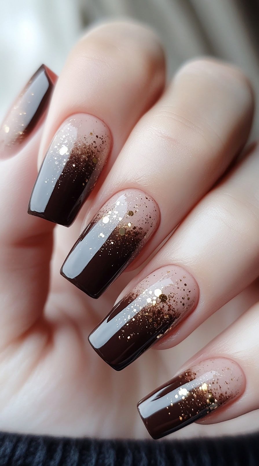 Coffin nails with a pink to deep brown ombre and dense golden glitter layered over the blend.