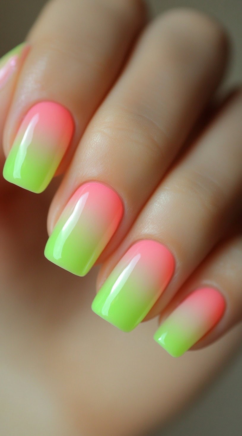 Squoval-shaped nails with a glossy pink-to-lime-green ombre and a smooth gradient blend.