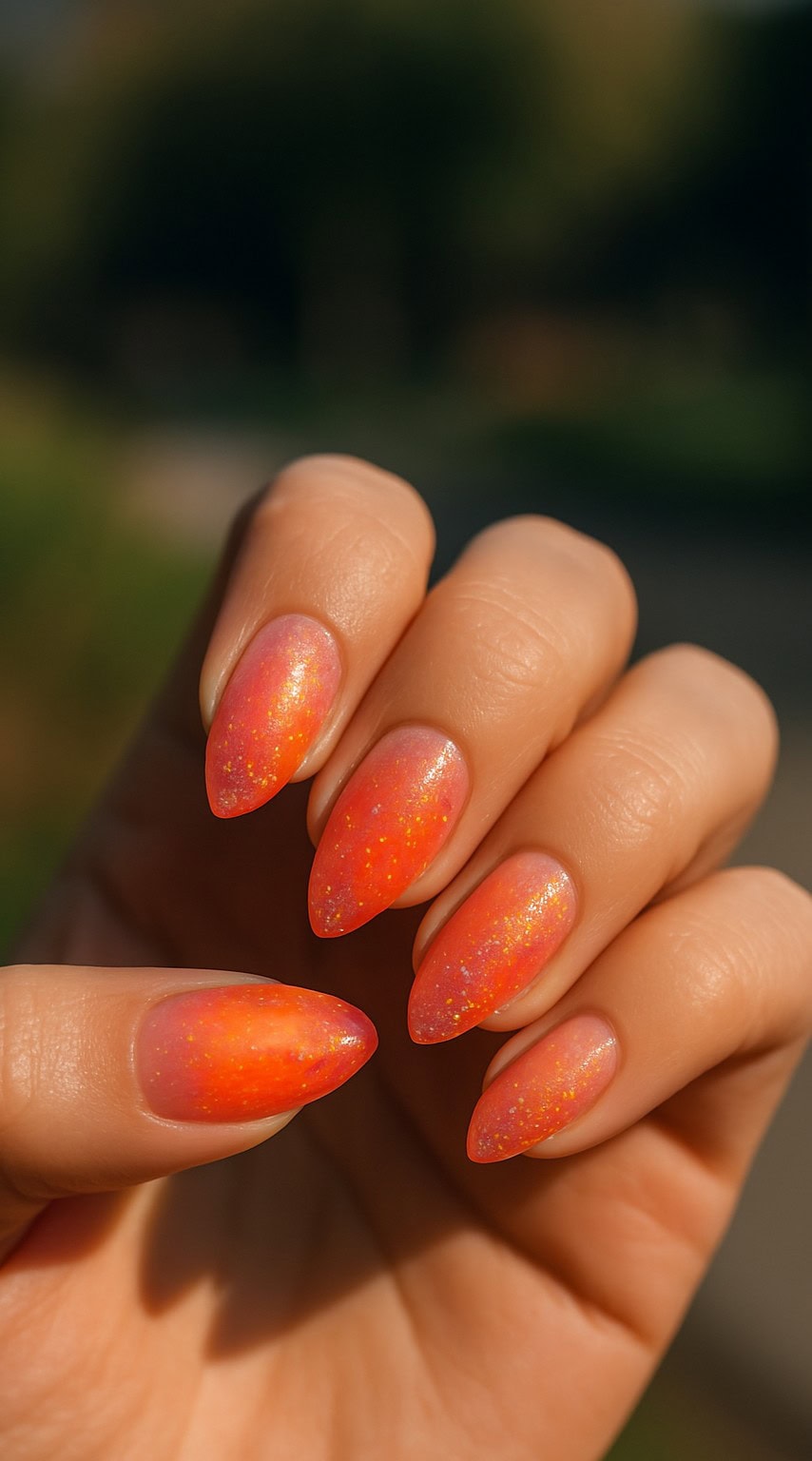 Almond-shaped nails with a glowing orange-pink ombré base and scattered glitter flecks.