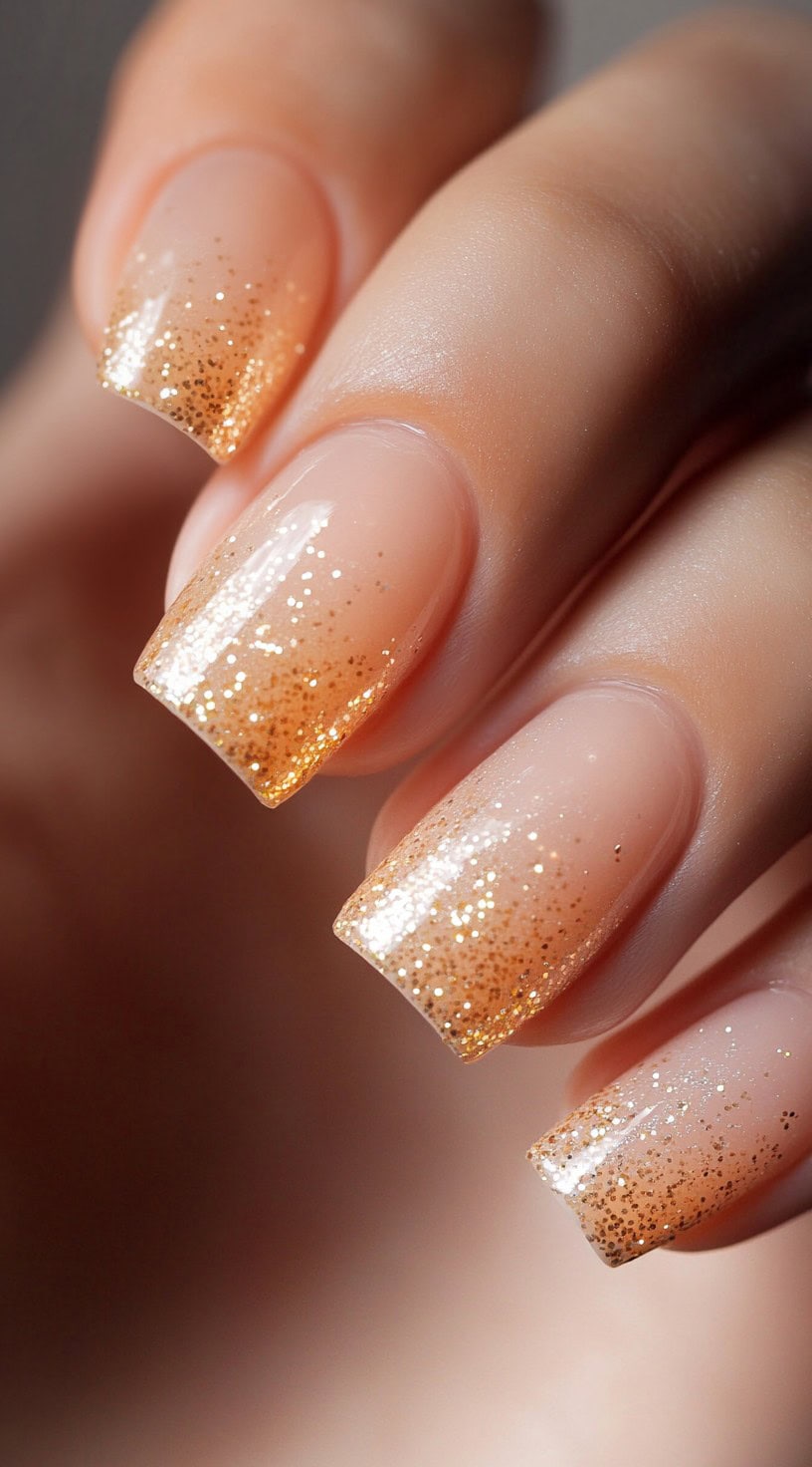 A hand with short square nails in a nude base, fading into dense gold glitter tips.