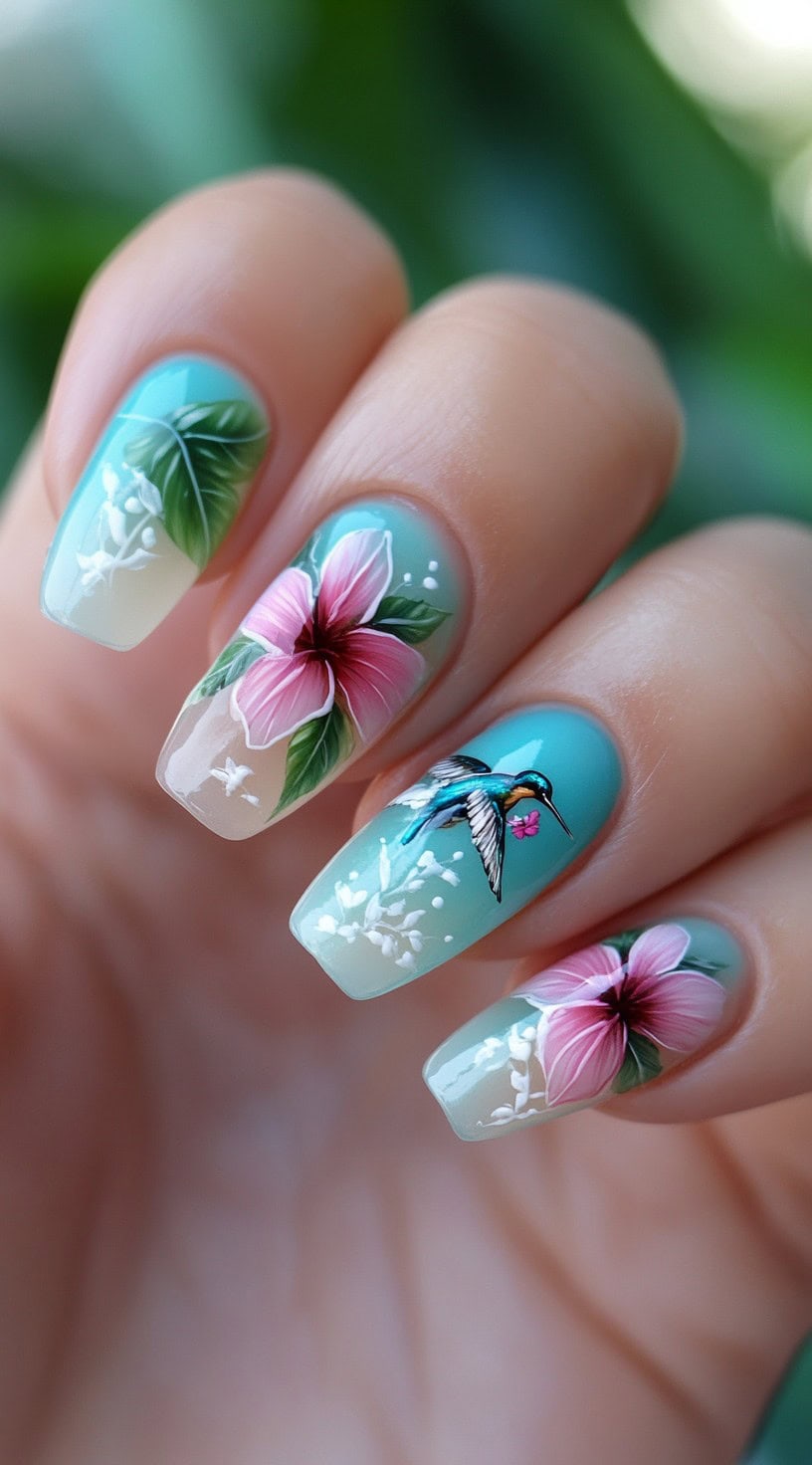 Almond-shaped nails with an ombre aqua base featuring pink hibiscus flowers, green leaves, and a delicate hummingbird design.
