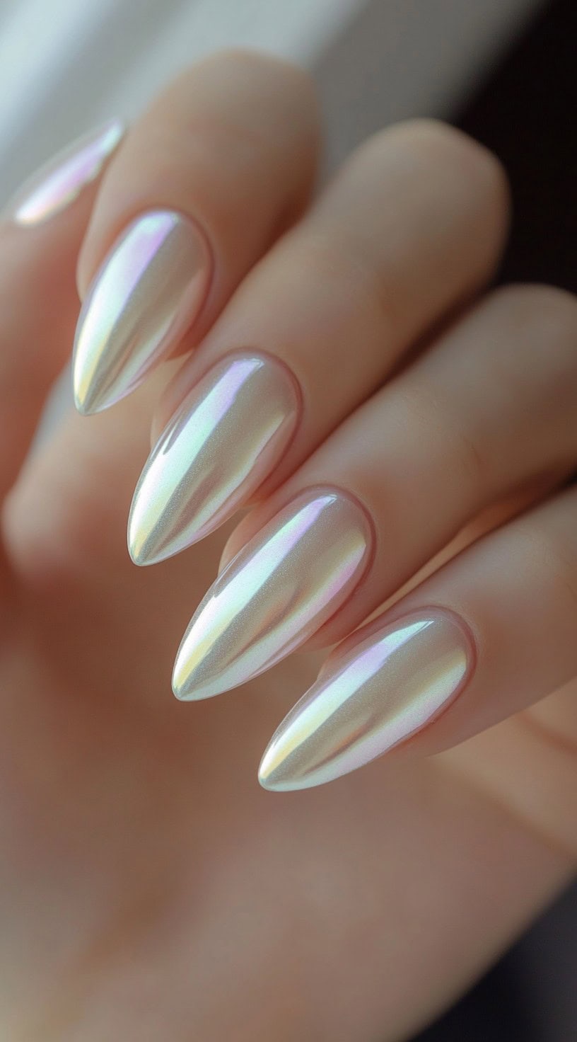 A set of almond-shaped nails coated in an iridescent chrome polish that reflects soft pearly hues.