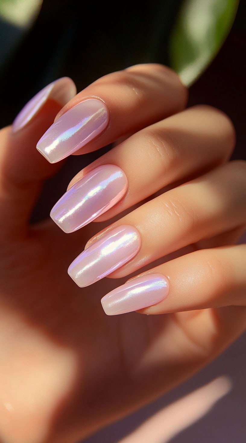 Square-shaped nails with a soft pink chrome finish reflecting iridescent hues in the light.