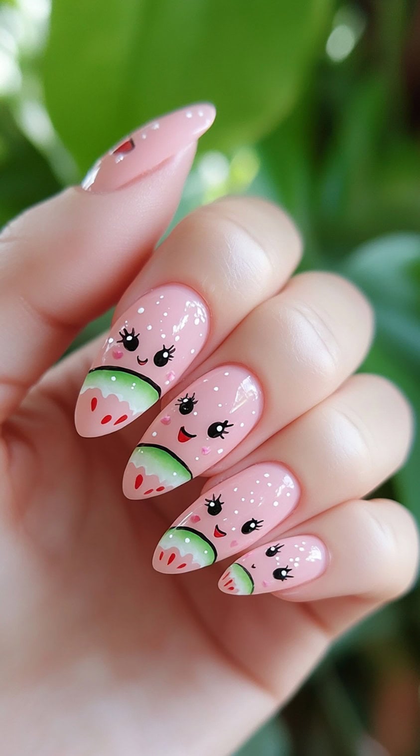 Round almond nails painted light pink with smiling watermelon faces and tiny white dot accents.