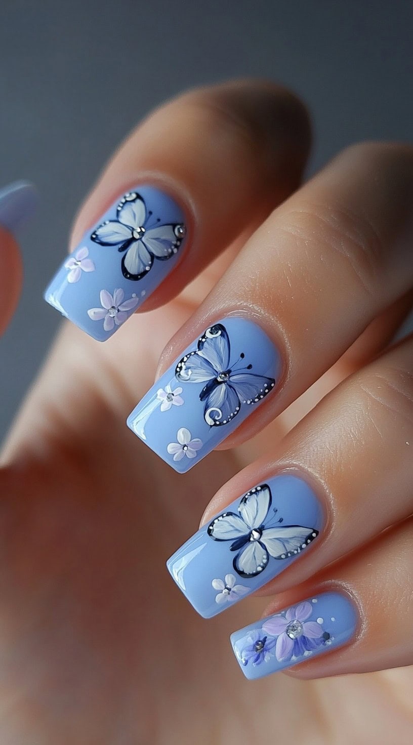 Light blue square nails with hand-painted white and blue butterflies and floral accents.