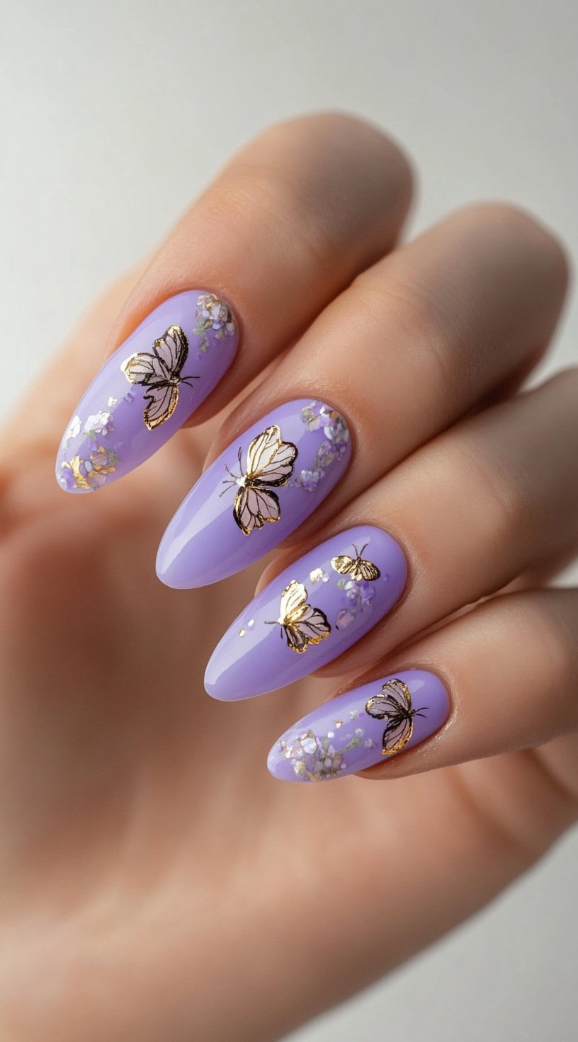 Glossy almond nails painted lilac and decorated with gold foil butterflies and pastel flower accents.