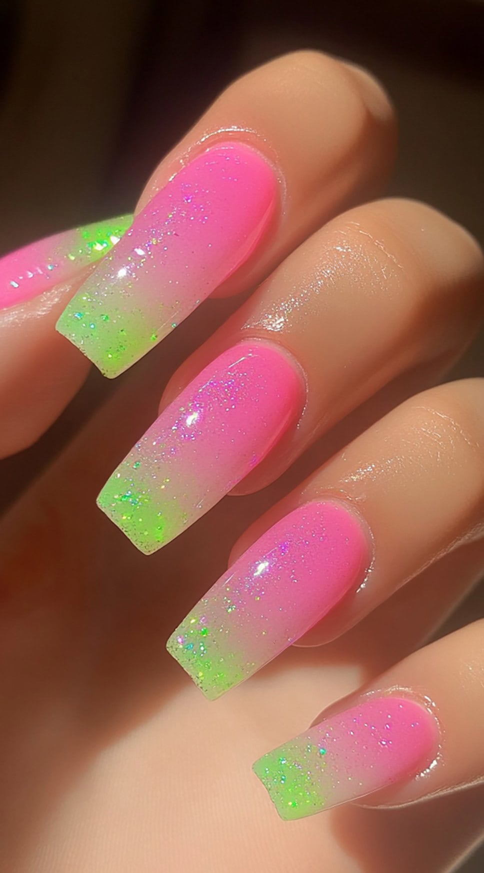 Long coffin-shaped nails with a sparkly hot pink to neon green ombre fade and a glossy finish.