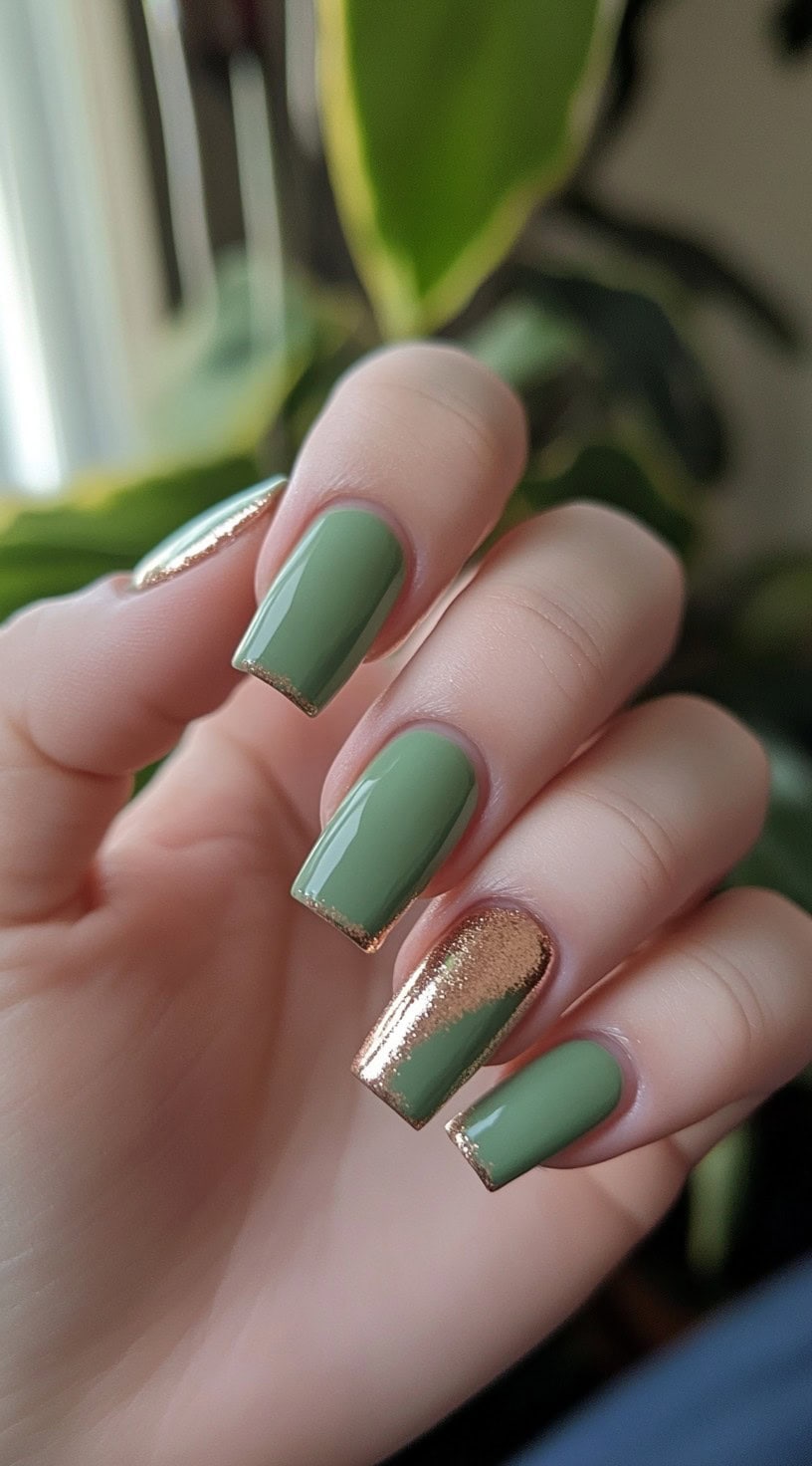 Square-shaped nails in glossy sage green with chrome gold French tips and one full chrome accent nail.