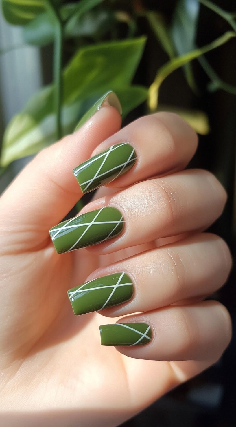 Coffin-shaped nails in a rich matcha green with crisp diagonal white line accents across each nail.