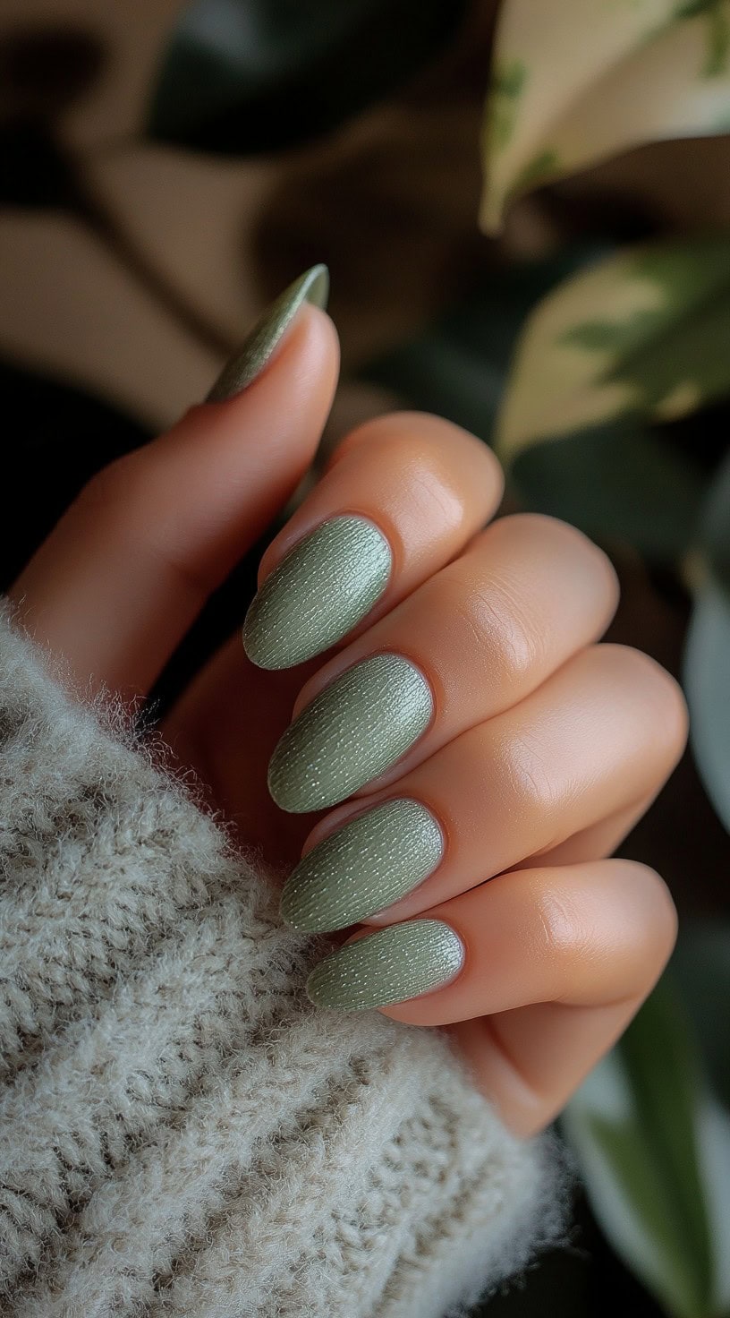 Close-up of almond-shaped nails in a soft matcha green shade with a velvety, slightly shimmery texture.