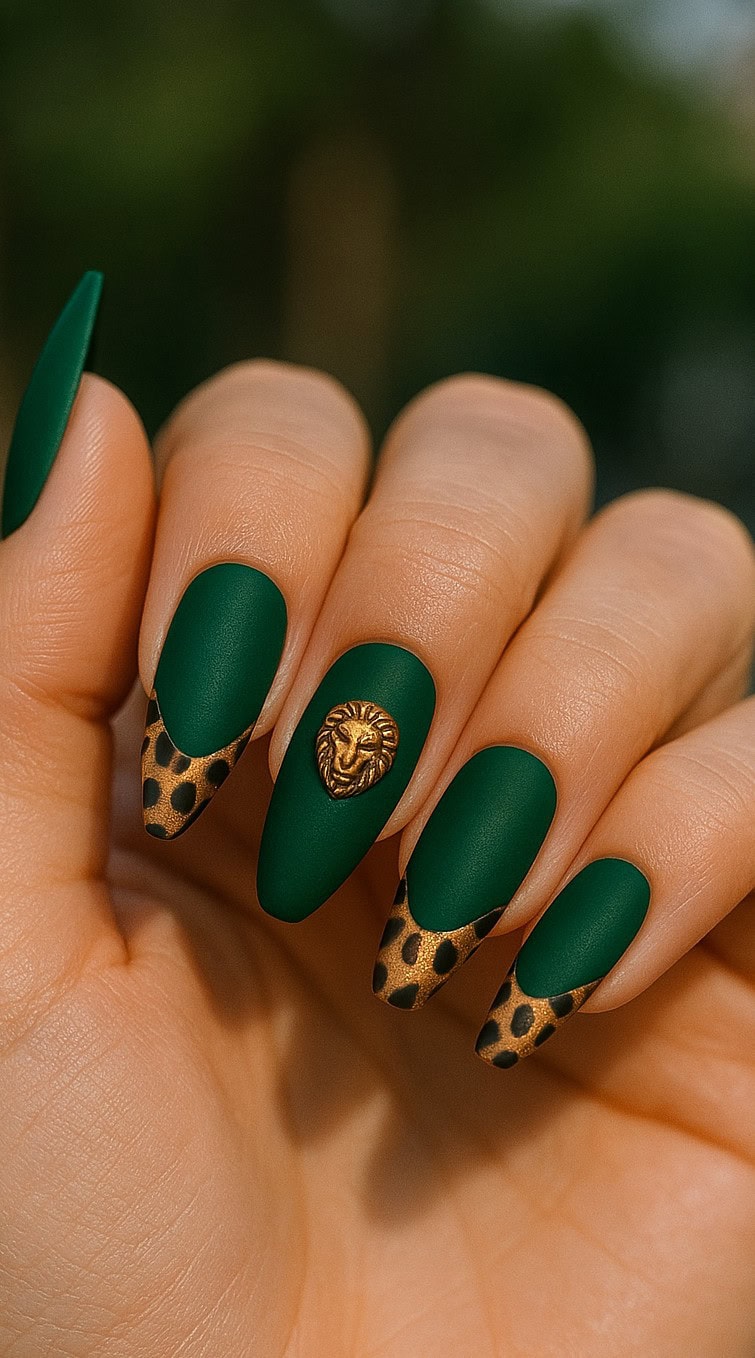 Matte dark green nails with leopard print tips and a gold lion face charm on one finger.