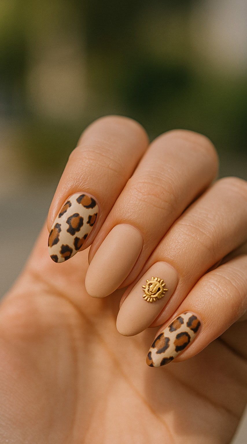 Oval-shaped nails with matte nude and leopard print designs, and a small gold sun charm on one finger.