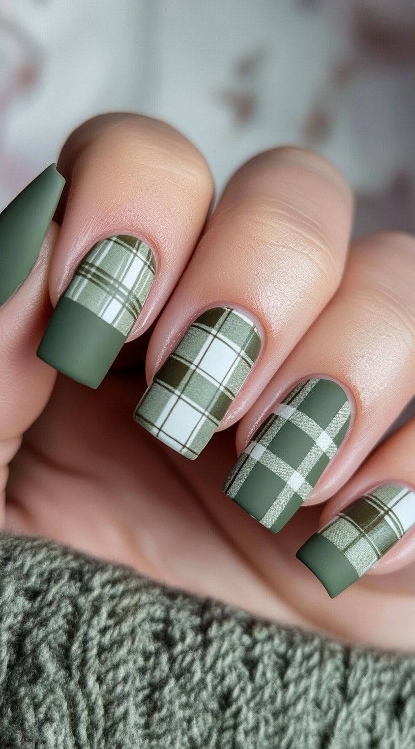 Square matte nails with a matcha green and white plaid pattern alternating with solid green tips.