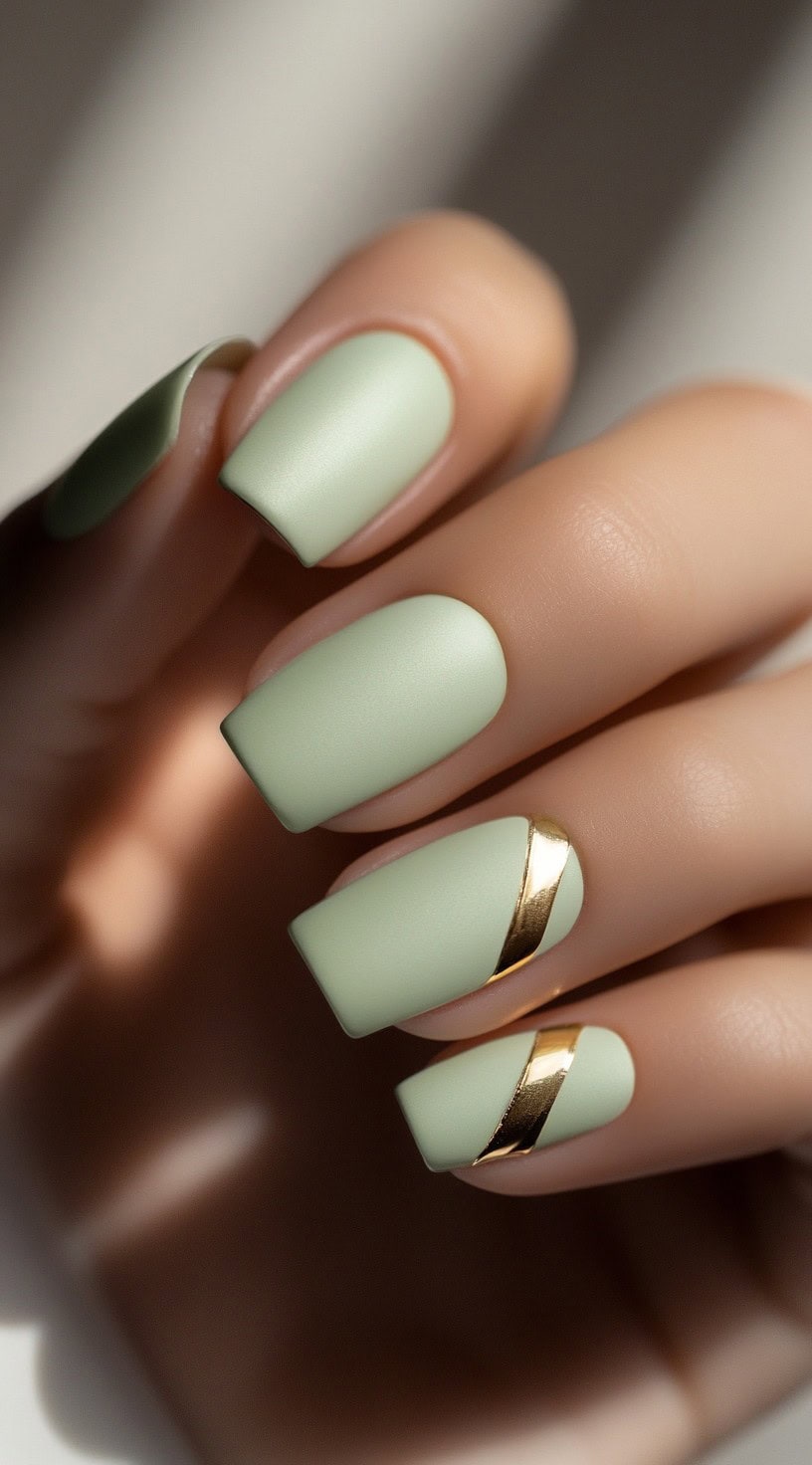 Square matte nails in a soft mint matcha green with gold striping tape accenting two fingers diagonally.