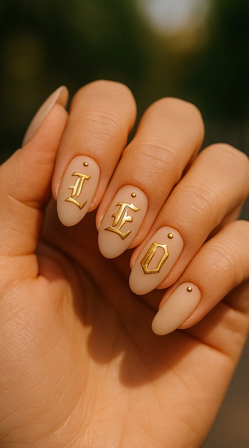 Hand with matte nude nails featuring raised gold gothic letters spelling 'LEO' and tiny gold studs above each letter.