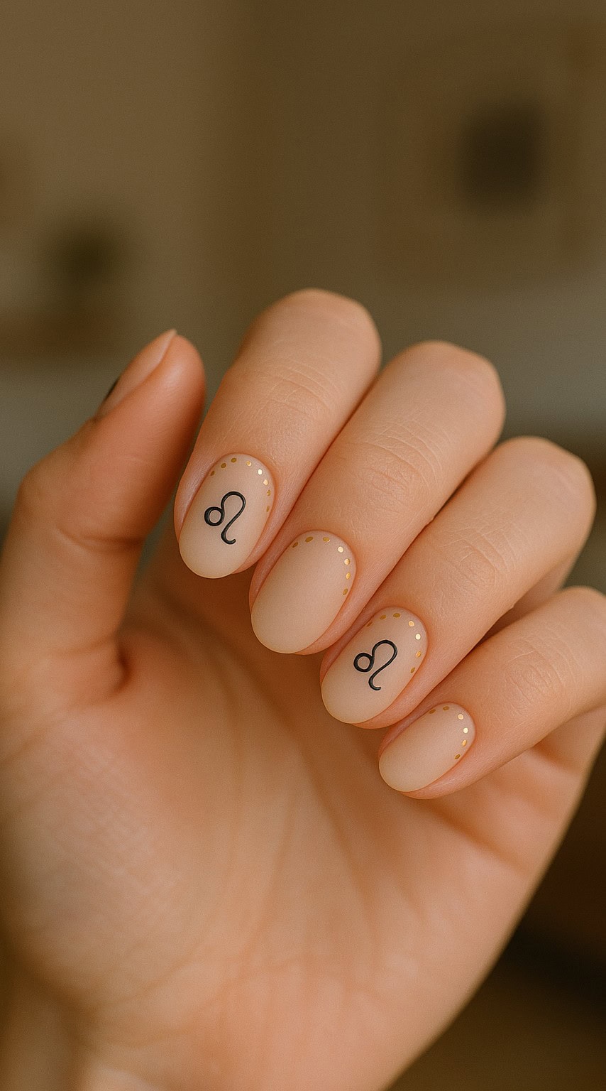 Hand with short matte nude nails featuring tiny black Leo symbols and dotted gold accents along the cuticle.