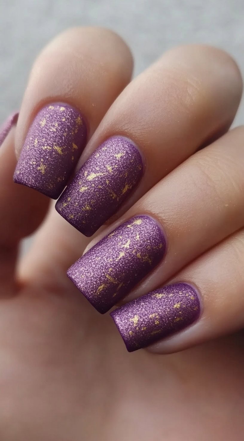 Square-shaped matte purple nails with scattered tiny flecks of gold throughout the surface.