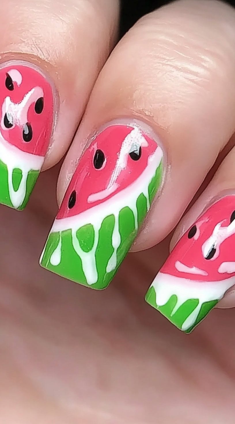 Square nails with painted watermelon slices that appear to melt, dripping white and green polish down the tips.