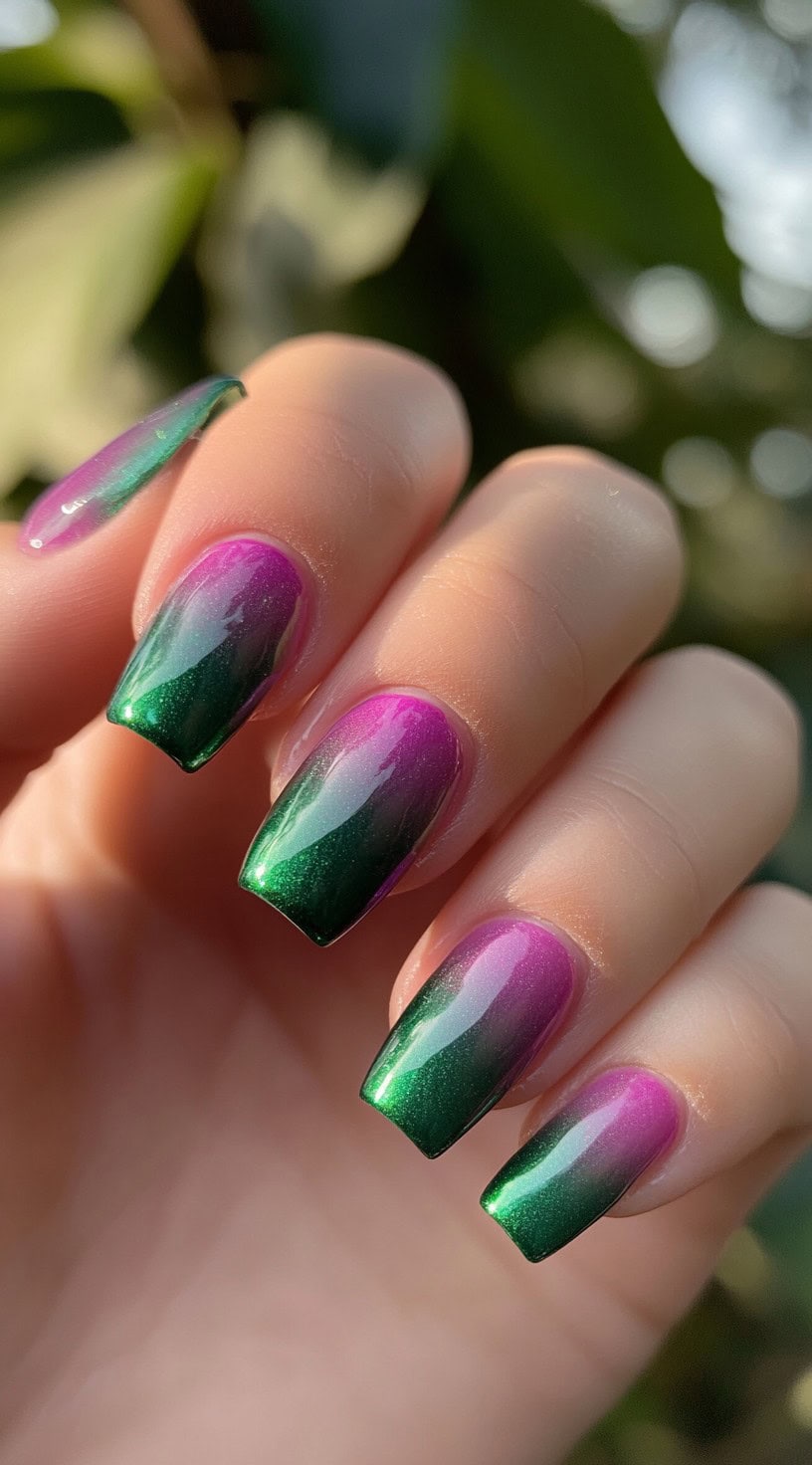 A hand with metallic coffin nails featuring a pink to emerald green ombre with a shimmery finish.