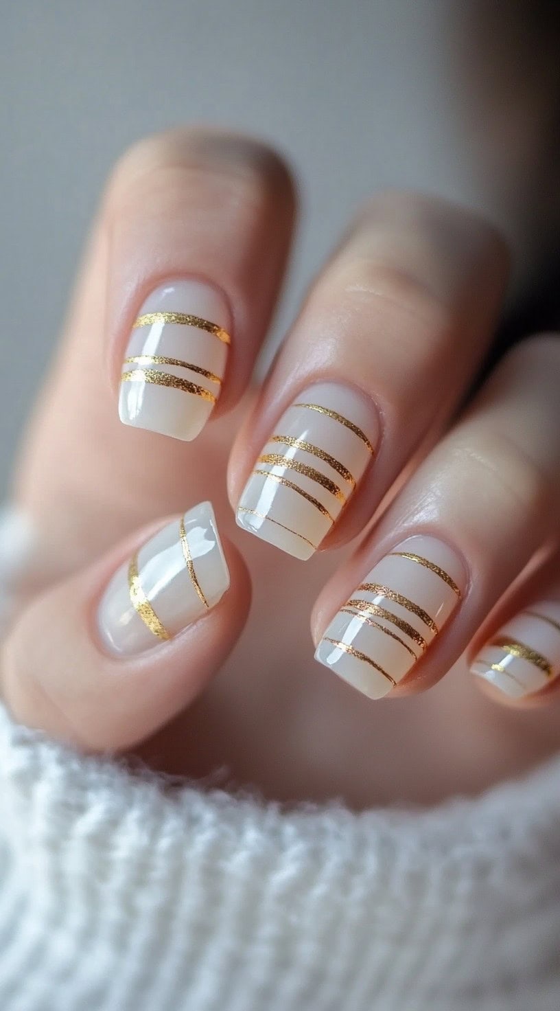 A hand with square nude nails decorated with horizontal gold foil striping for a modern, clean design.