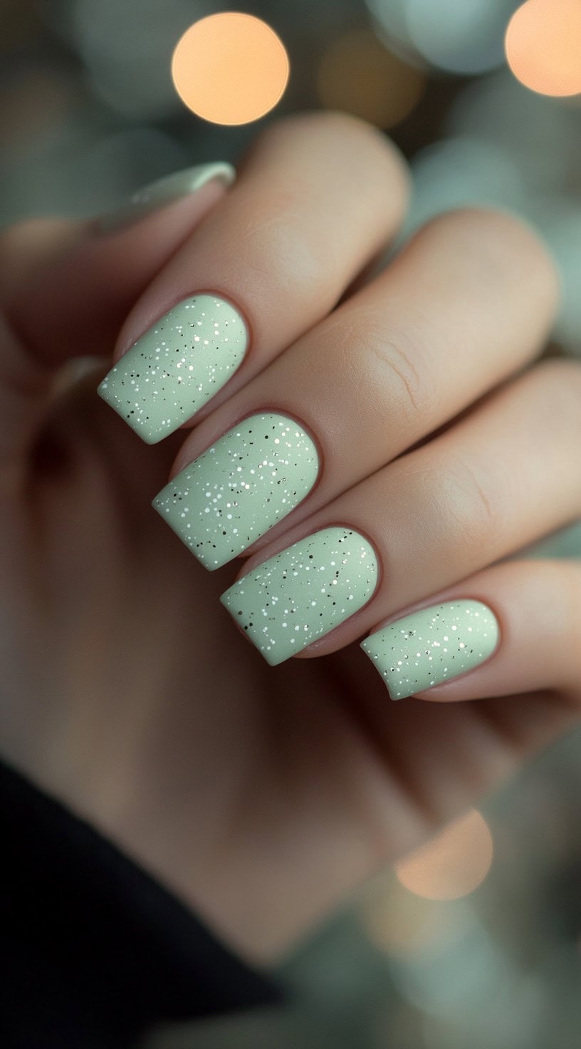 Short square nails painted in a soft mint matcha shade with scattered silver micro glitter.