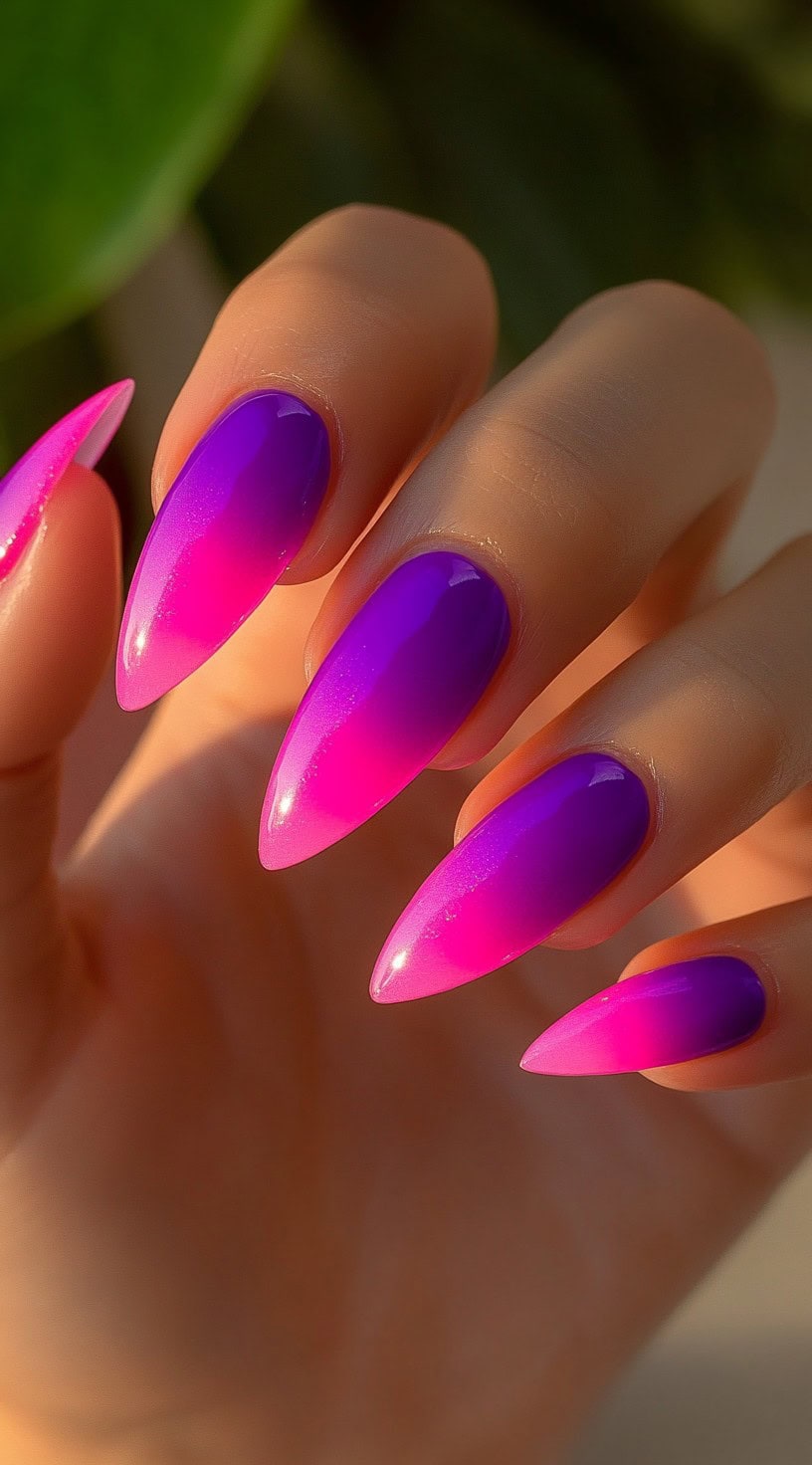 Stiletto-shaped nails with a bold ombre blend of hot pink and electric purple under natural lighting.