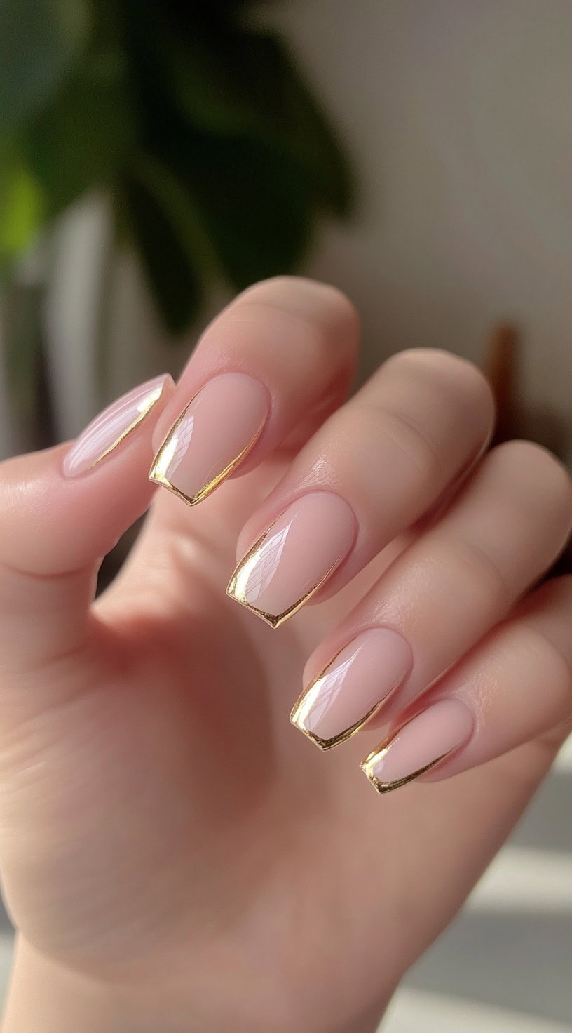 Square-shaped nails with a sheer pink base and delicate gold-edged French tips for a luxurious touch.