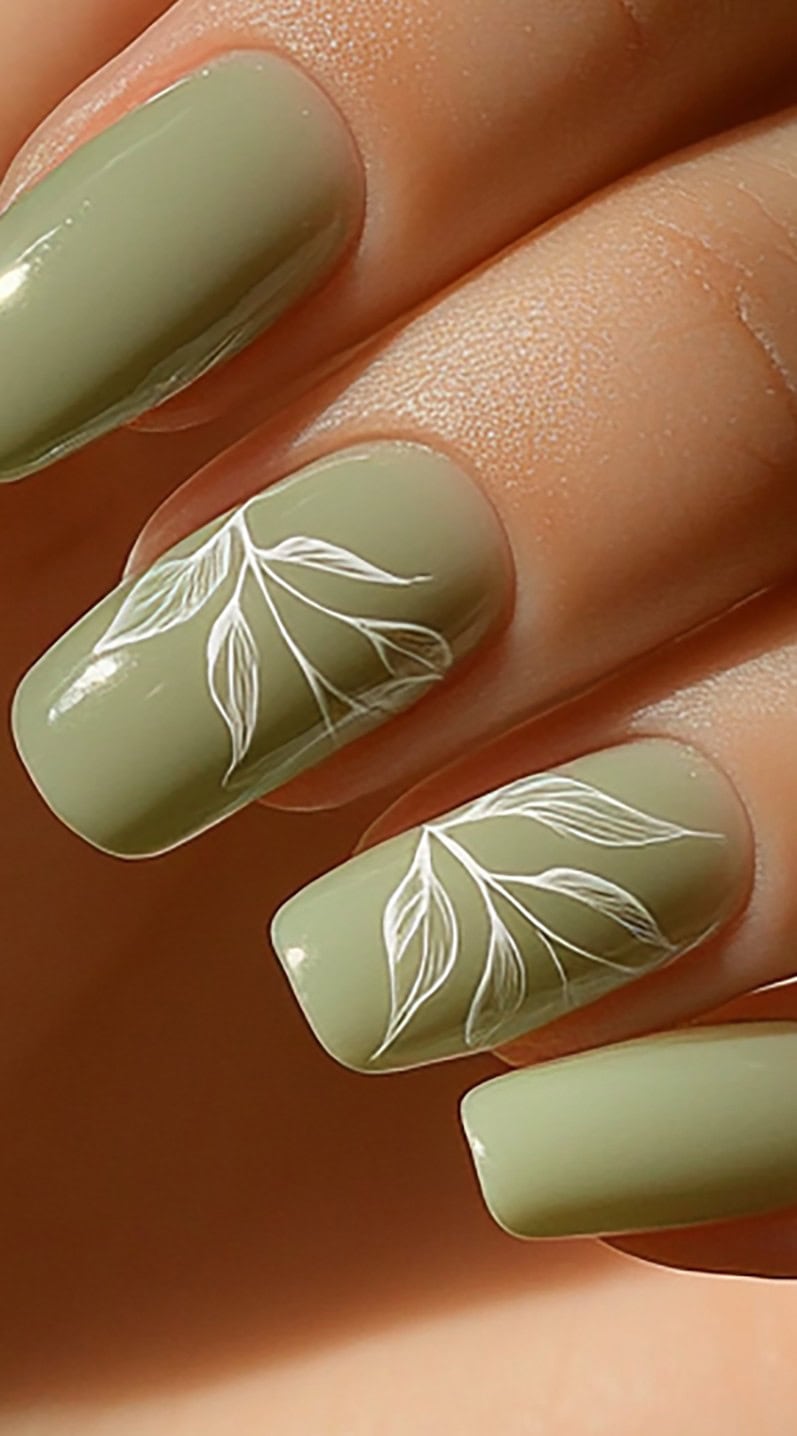 A hand with square nails painted in matte olive green with delicate white leaf designs on two fingers.