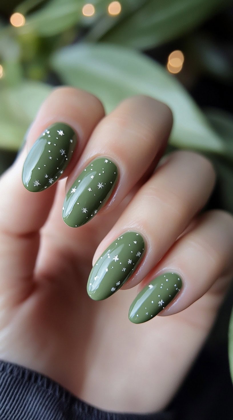 Almond-shaped nails painted in a glossy olive matcha green, decorated with tiny silver stars and dots.