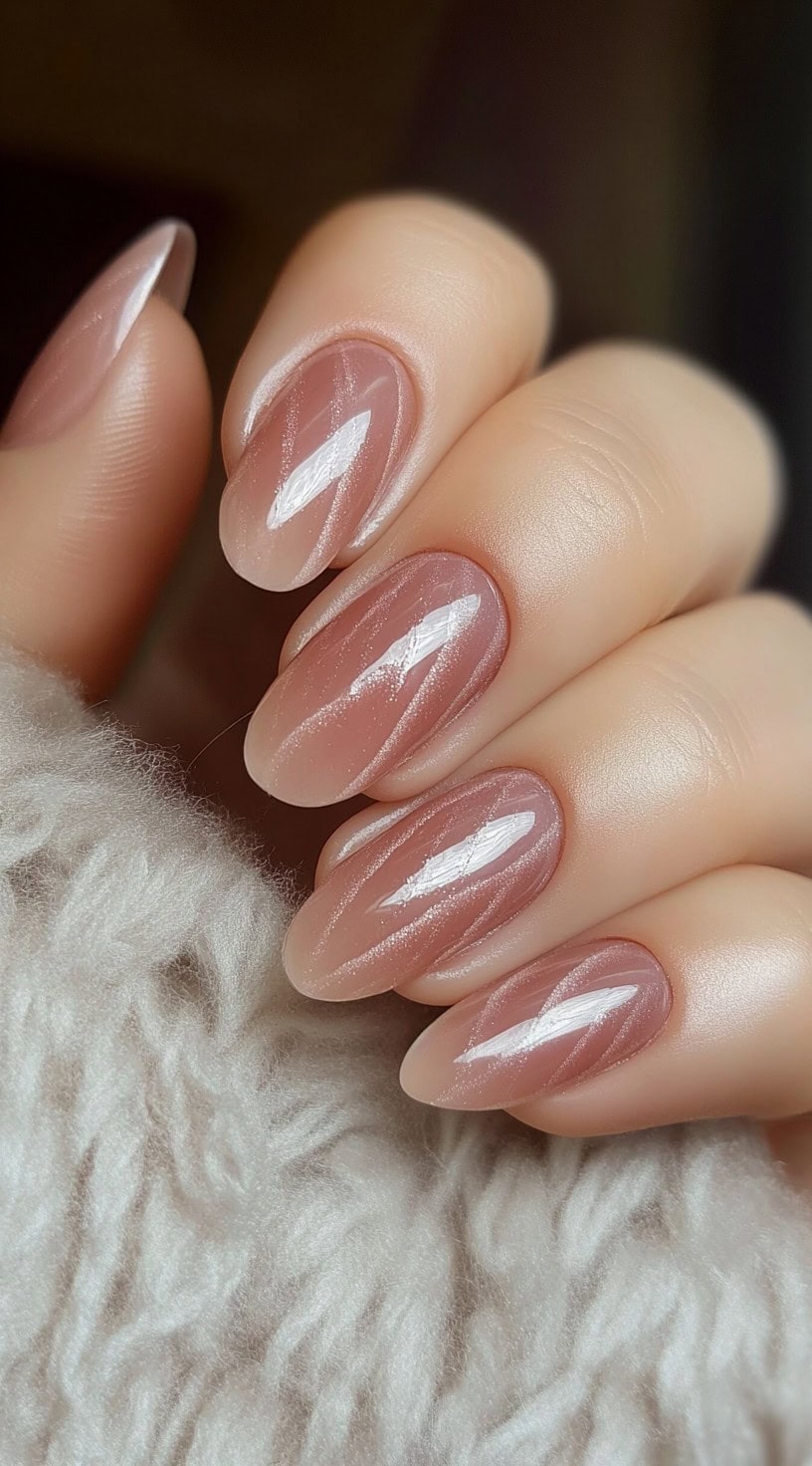 Oval-shaped nails fade from light pink to warm brown with a high-shine sheer gloss overlay.