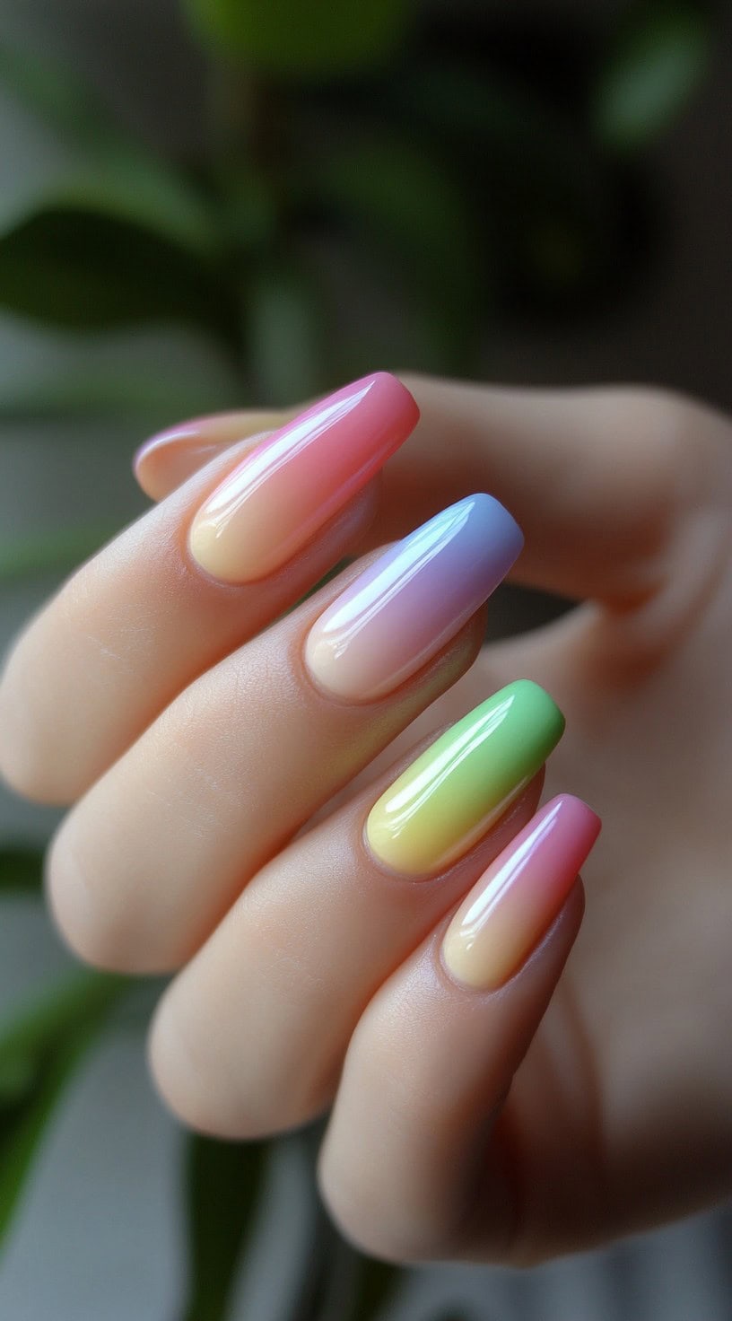 A hand with long square-shaped nails painted in a smooth ombré gradient of soft pastel rainbow shades.
