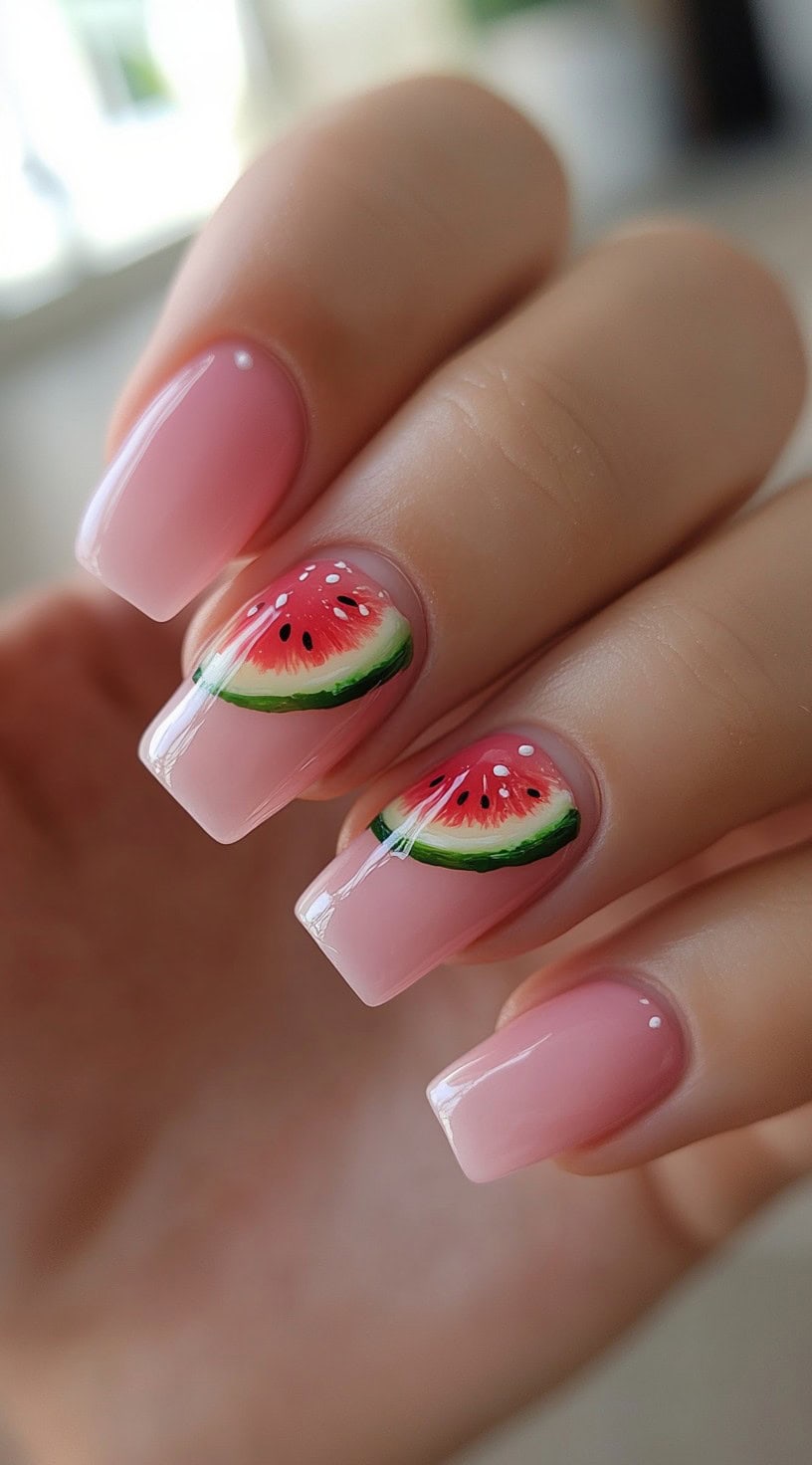 Square nails painted in pink French ombré with miniature watermelon slice accents on the ring and middle fingers.
