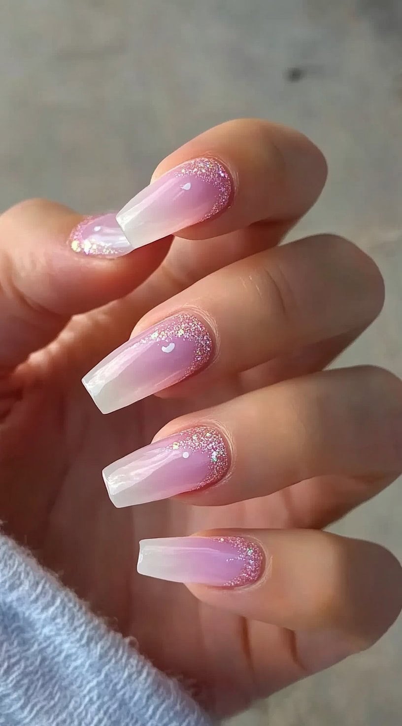 A set of coffin-shaped nails with a pink French fade effect and a dusting of iridescent glitter concentrated at the cuticles.
