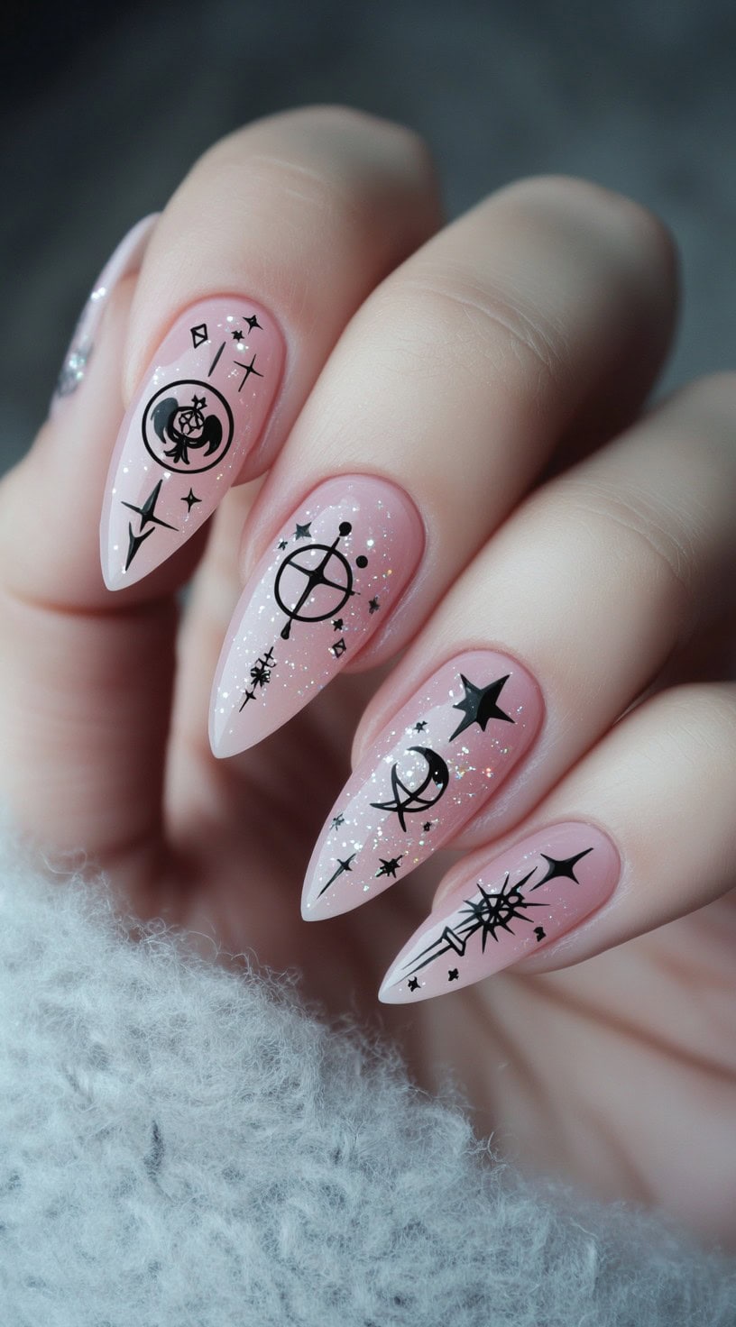 A hand with glittery pink almond nails adorned with black moons, stars, and magical symbols.