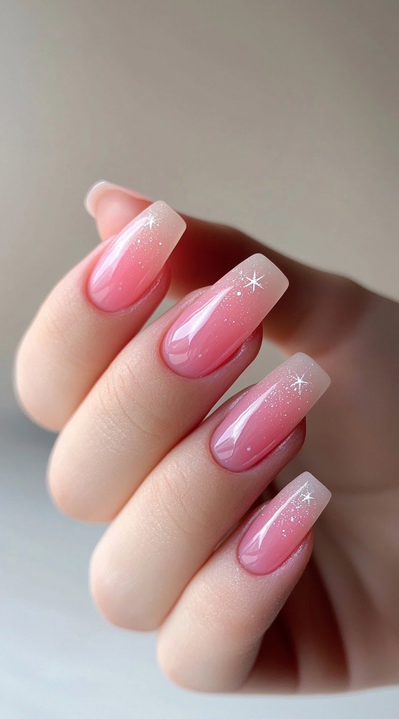 A hand with coffin-shaped nails in a pink-to-clear ombré with subtle glitter and small white star decals.