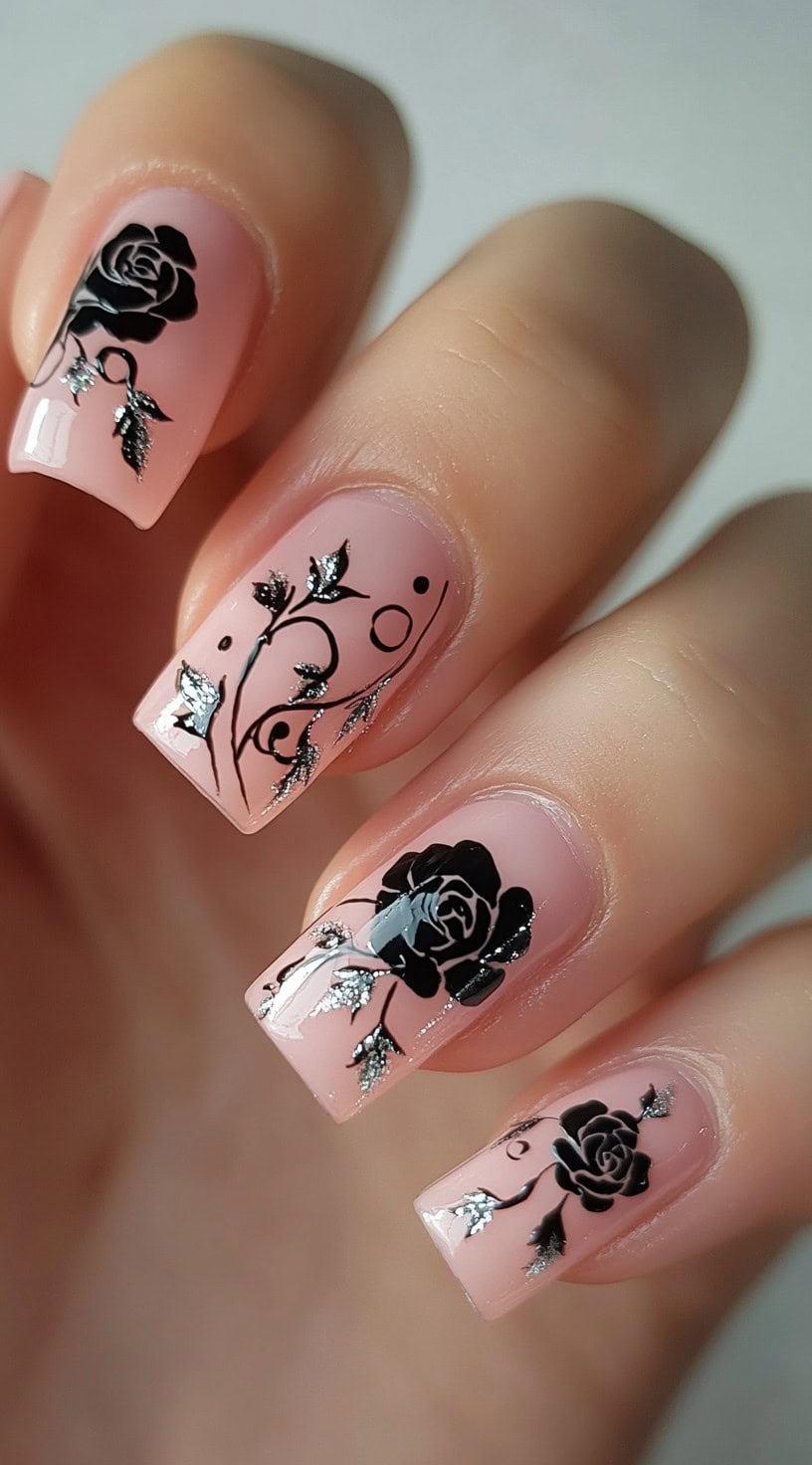 Short pink square nails with black rose designs and touches of silver foil on each nail.