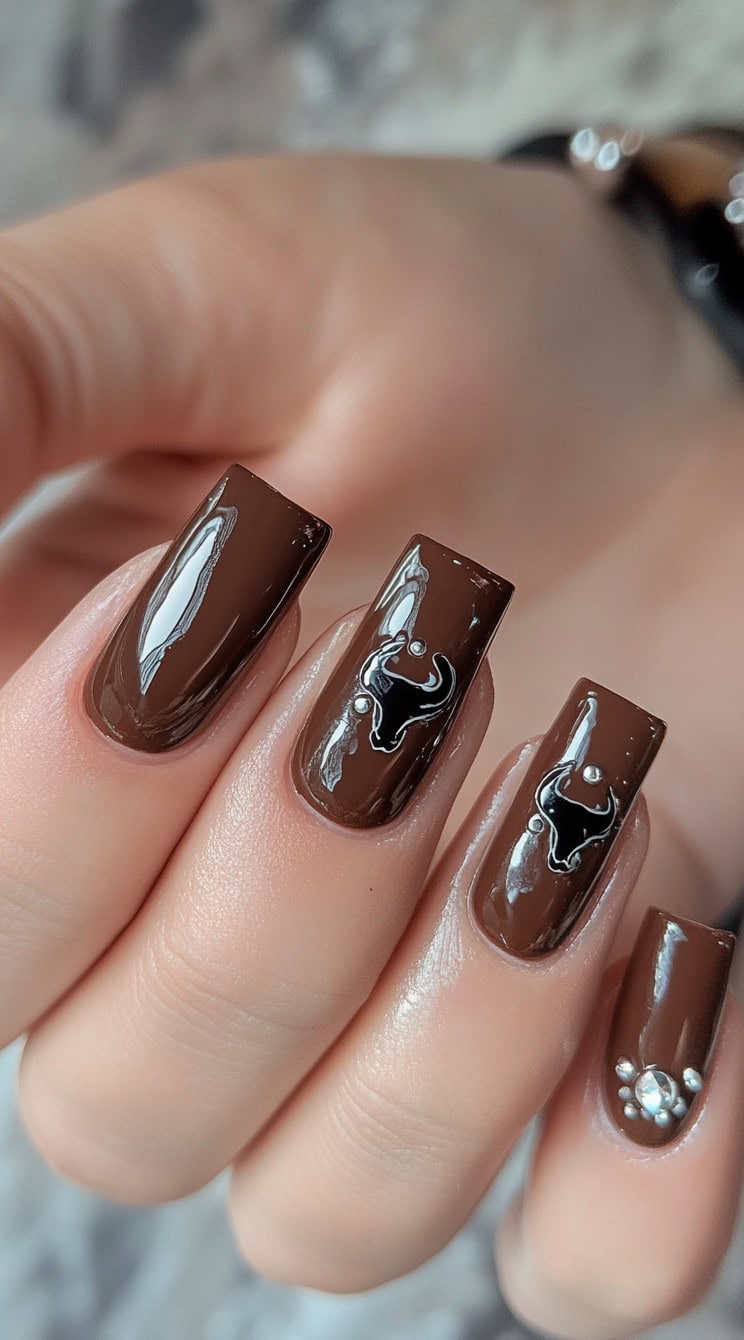 Square-shaped nails painted in a glossy chocolate brown, with subtle bull skull accents and pearl embellishments.