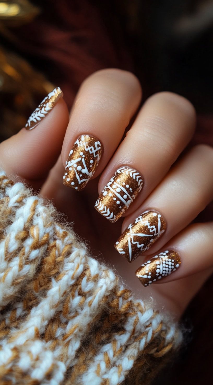 Square-shaped nails with a shimmering golden brown base and detailed white tribal-inspired Aztec designs.